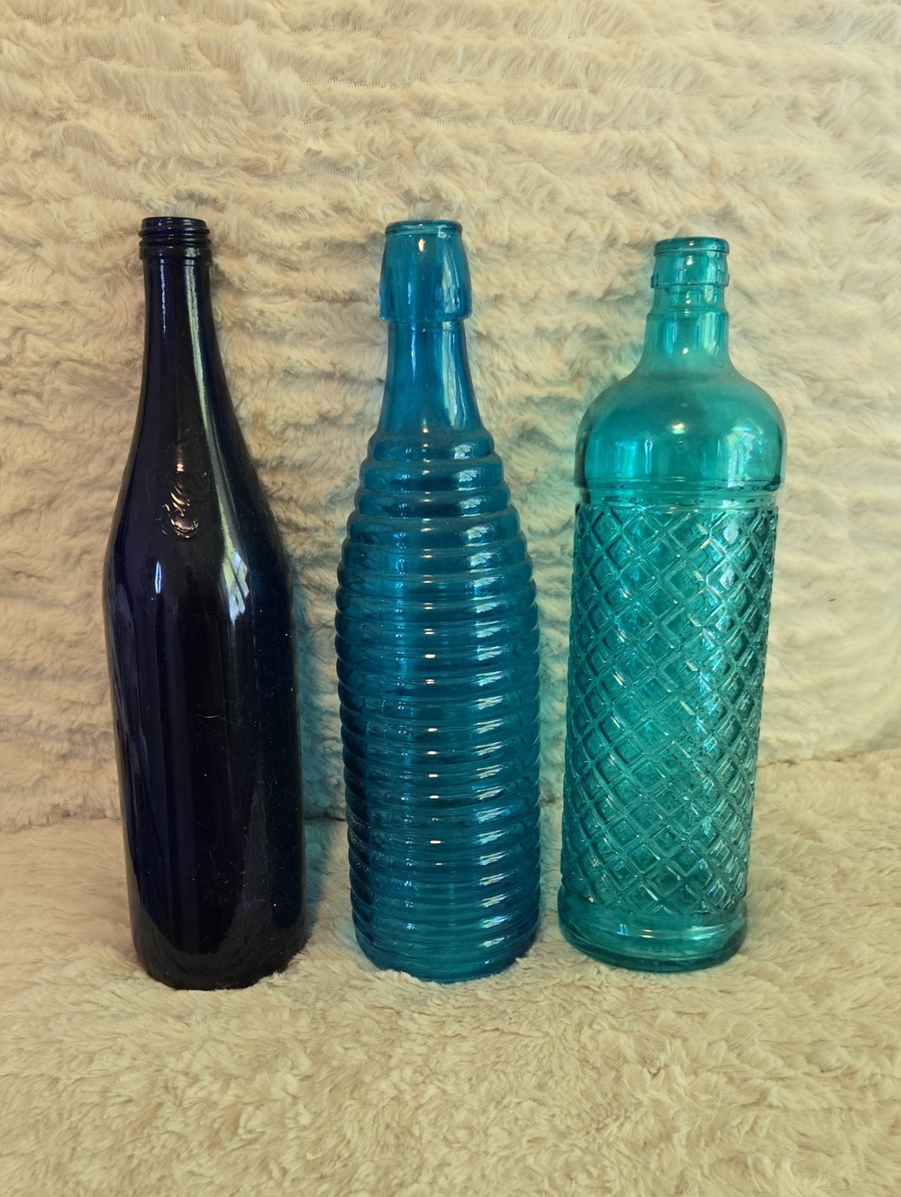 Vintage Set of Three Decorative Glass Bottles - Blue & Teal